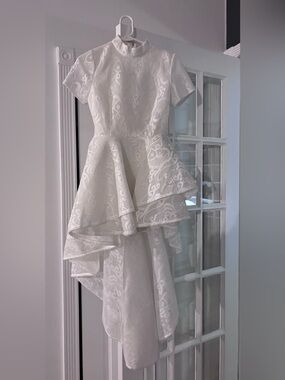 CQbyCQ White Asymmetrical High Low Dress with High Neck, Formal, Bridal, Size S